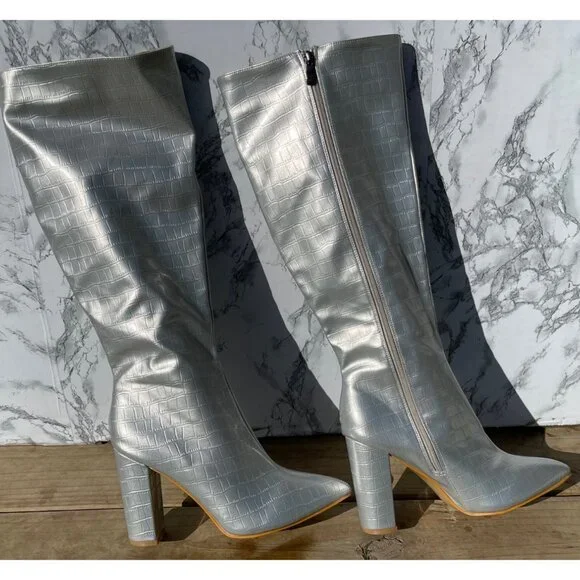 Silver Croc-Embossed Knee-High Boots With Block Heel & Side Zipper Closure size - Picture 3 of 10